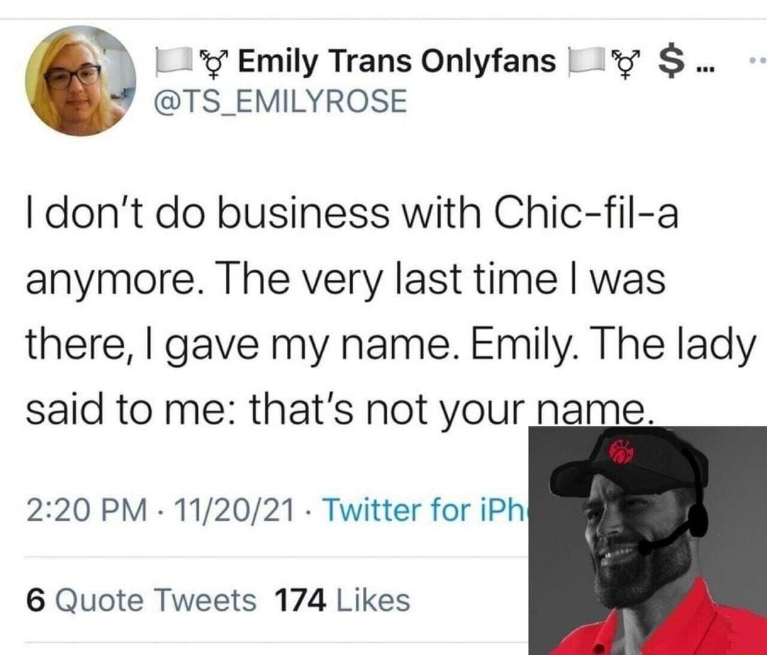 1 Emily Trans Onlyfans TS_EMILYROSE dont do business with Chic fil a anymore The very last time was there gave my name Emily The lady said to me thats not your name 220 PM 112021 Twitter for iPh 6 Quote Tweets 174 Likes