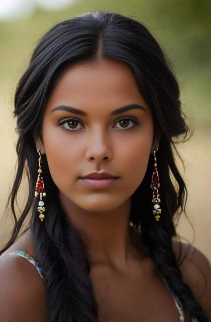 Portrait of a young woman with long dark hair styled in braids, wearing drop earrings.