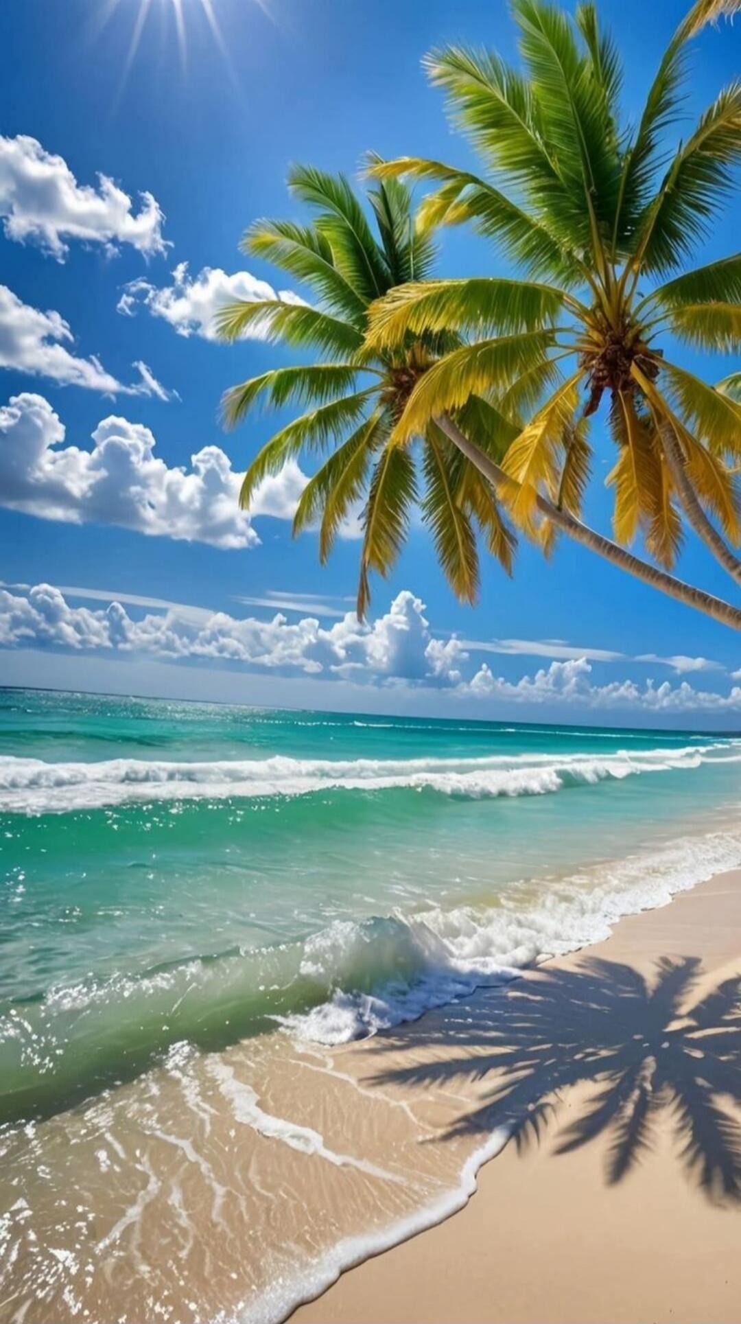 A beautiful tropical beach with palm trees and clear blue water.