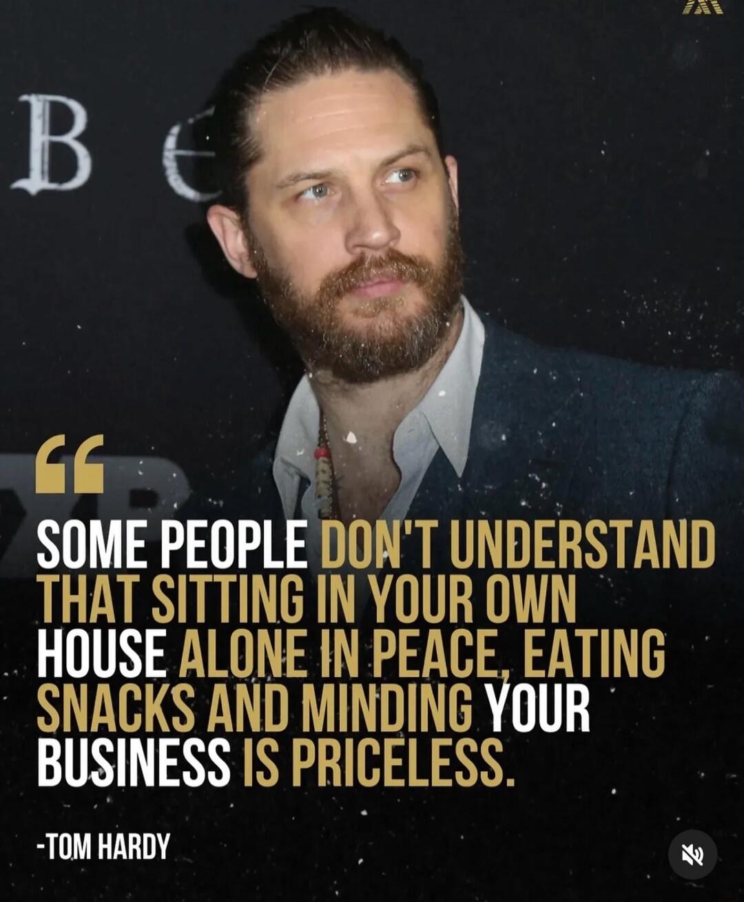 SOME PEOPLE DON'T UNDERSTAND THAT SITTING IN YOUR OWN HOUSE ALONE IN PEACE, EATING SNACKS AND MINDING YOUR BUSINESS IS PRICELESS. -TOM HARDY