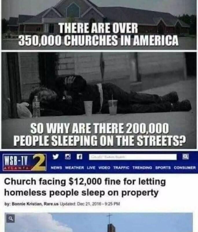 THERE ARE OVER 350000 CHURCHES IN AMERICA S0 WHY ARE THERE 200000 PEOPLE SLEEPING ON THE STREETS 715 J ot Church facing 12000 fine for letting homeless people sleep on property y Bonrve Krstin