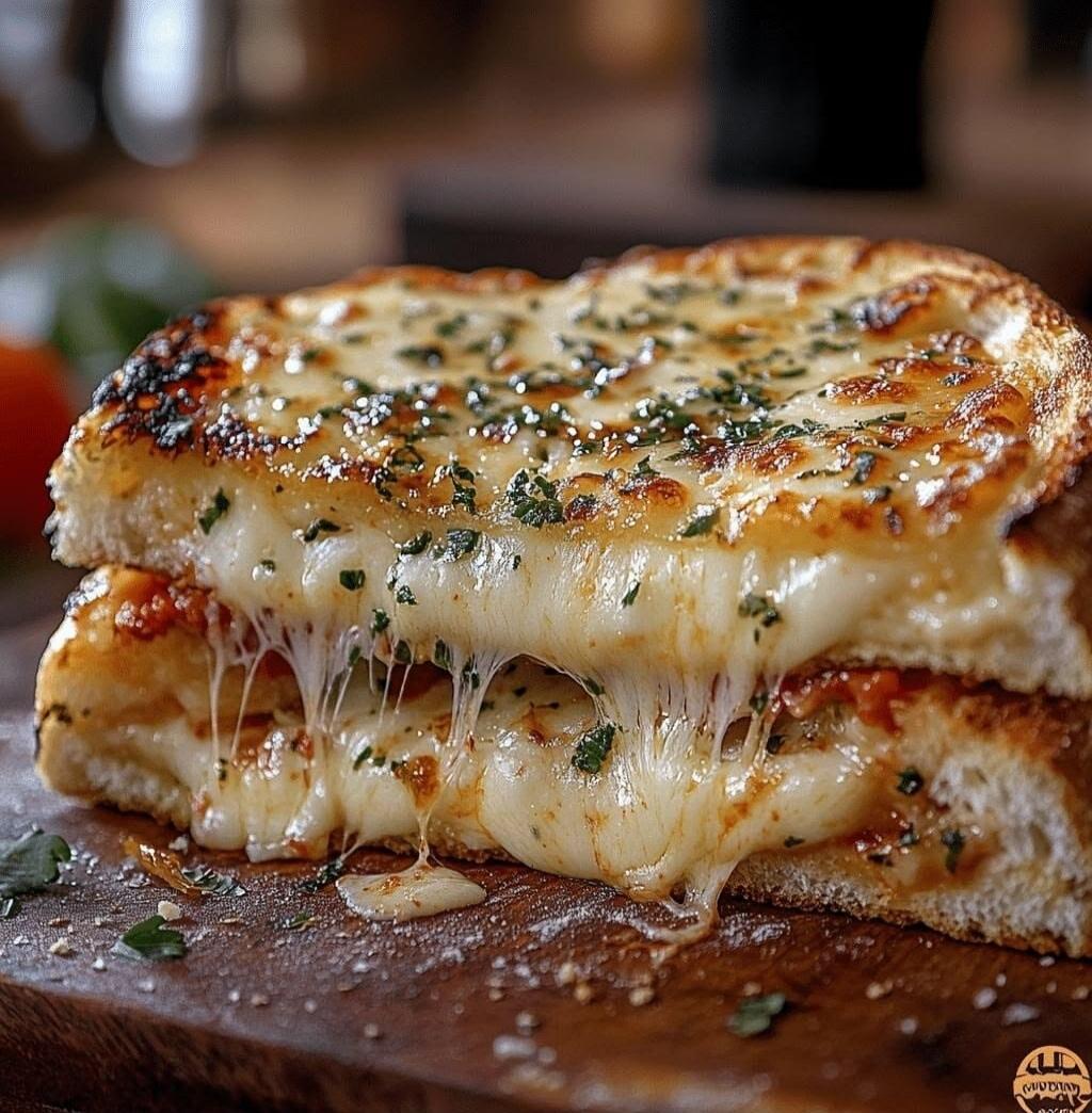 A close-up shot of a perfectly grilled cheese sandwich, with abundant melted cheese oozing out and garnished with green herbs.
