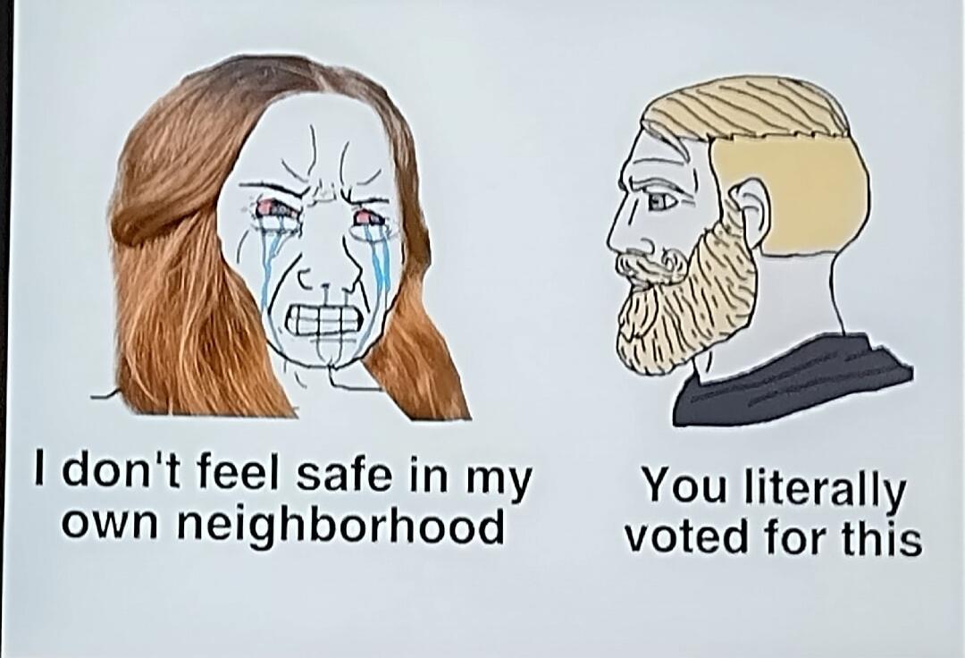 I don't feel safe in my own neighborhood. You literally voted for this.