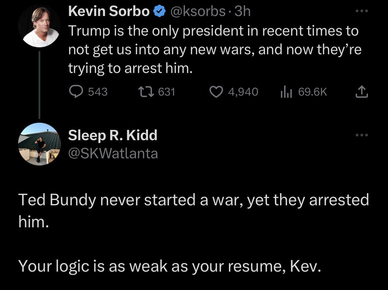 Kevin Sorbo ksorbs 3h 8 Trump is the only president in recent times to not get us into any new wars and now theyre trying to arrest him Osa3 163t Qaga0 i 6osk A A SleepR Kidd Qr SKWatlanta Ted Bundy never started a war yet they arrested him Your logic is as weak as your resume Kev