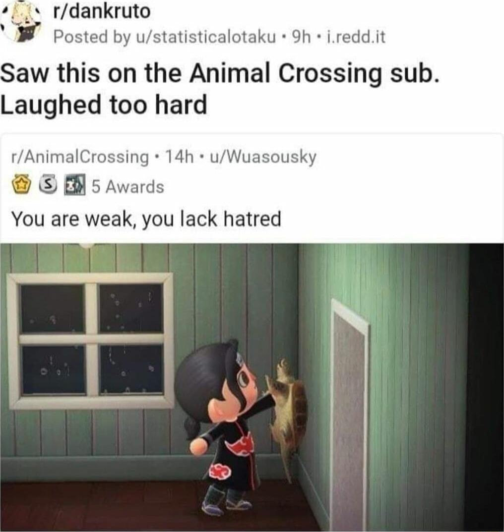 rdankruto Posted by isticalotaku 9h ireddit Saw this on the Animal Crossing sub Laughed too hard rAnimal g 14h S5 You are weak you lack hatred