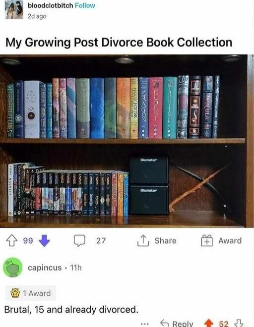 m bloodclotbitch My Growing Post Divorce Book Collection TEIR 2 capincus 11h Brutal 15 and already divorced