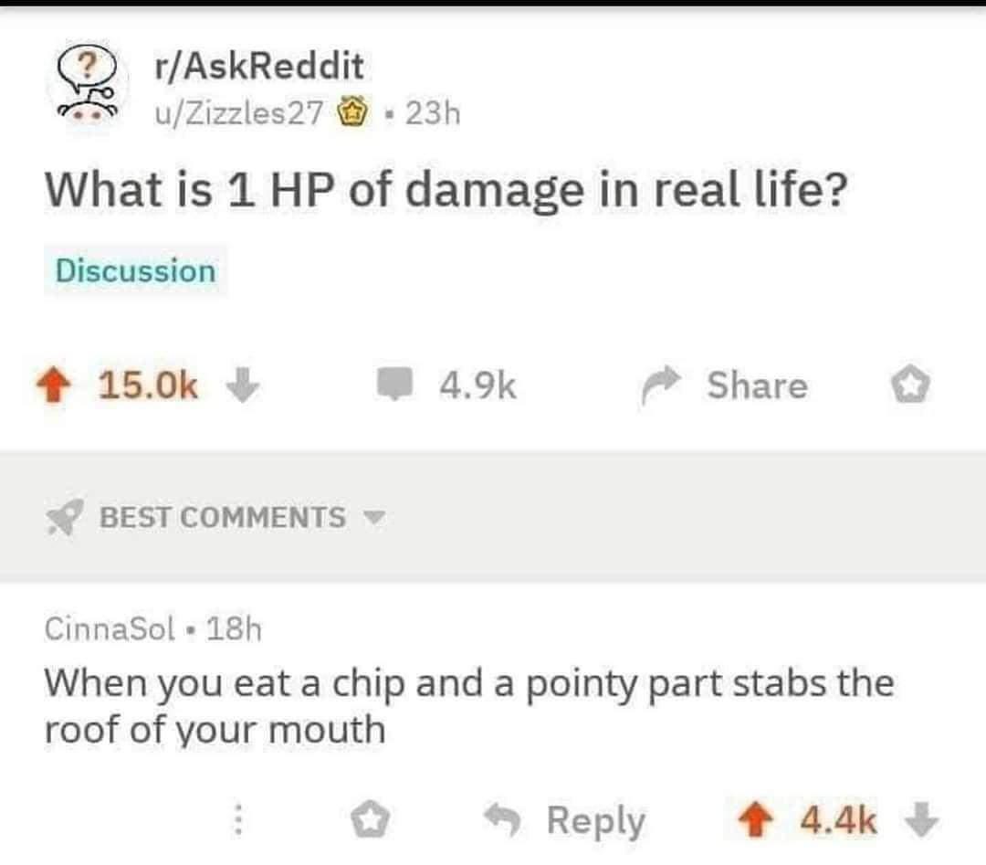 rAskReddit uZizzles27 23h What is 1 HP of damage in real life Discussion 4 150k W 49k Share BEST COMMENTS CinnaSol 18h When you eat a chip and a pointy part stabs the roof of your mouth Reply 4 44k