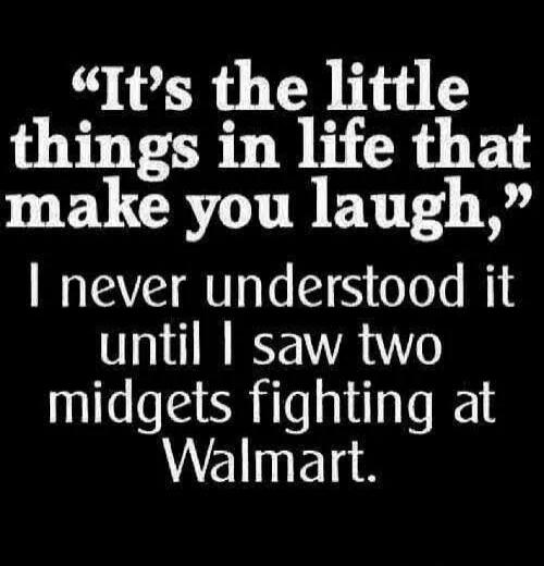 It's the little things in life that make you laugh, I never understood it until I saw two midgets fighting at Walmart.