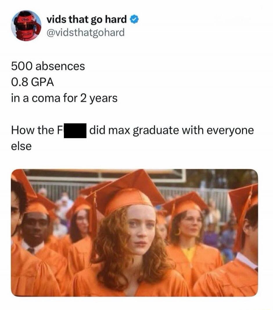 500 absences
0.8 GPA
in a coma for 2 years

How the F*** did max graduate with everyone else