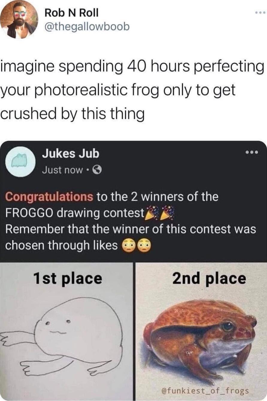 RrobNRoll fv thegallowboob imagine spending 40 hours perfecting your photorealistic frog only to get crushed by this thing Congratulations to the 2 winners of the FROGGO drawing contest RENENERUEIR G E RGNS VEN chosen through likes 1st place 2nd place