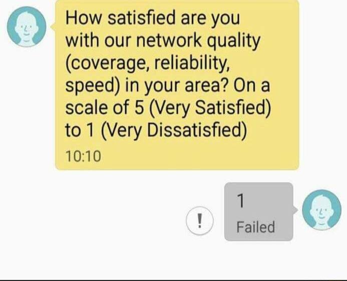 How satisfied are you with our network quality coverage reliability speed in your area On a scale of 5 Very Satisfied to 1 Very Dissatisfied 1010 Failed