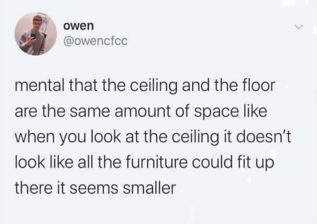 owen owencfcc mental that the ceiling and the floor are the same amount of space like when you look at the ceiling it doesnt look like all the furniture could fit up there it seems smaller