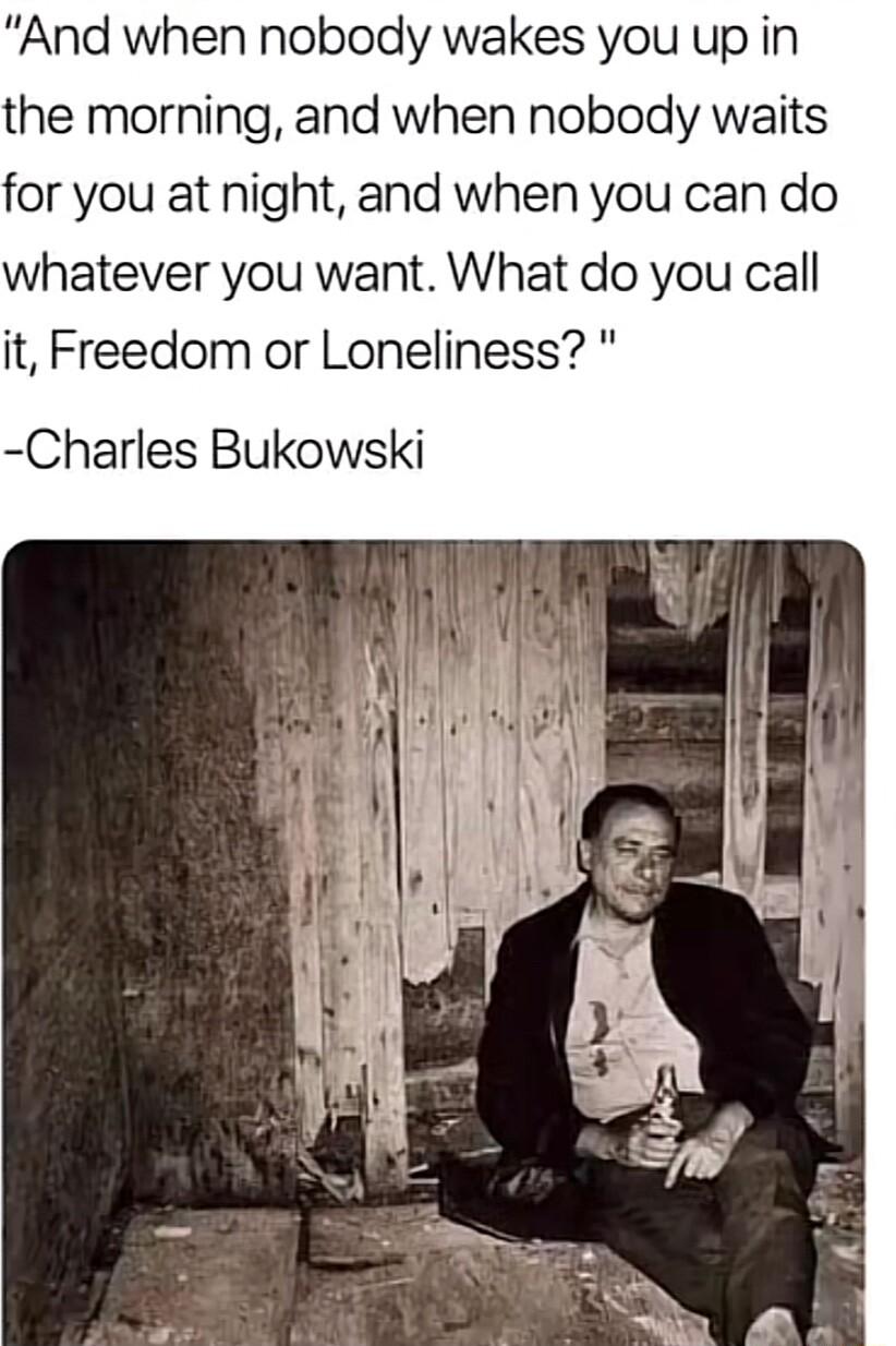 And when nobody wakes you up in the morning and when nobody waits for you at night and when you can do whatever you want What do you call it Freedom or Loneliness Charles Bukowski