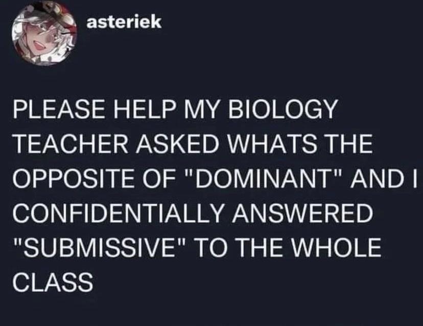 asteriek PLEASE HELP MY BIOLOGY TEACHER ASKED WHATS THE OPPOSITE OF DOMINANT AND CONFIDENTIALLY ANSWERED SUBMISSIVE TO THE WHOLE CLASS 1039 PM 112922 Twitter for Android 8751 Retweets 2815 Quote Tweets 115K Lik