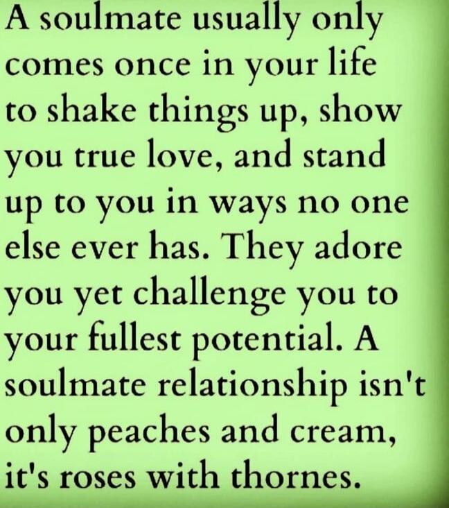 A soulmate usually only comes once in your life to shake things up, show you true love, and stand up to you in ways no one else ever has. They adore you yet challenge you to your fullest potential. A soulmate relationship isn't only peaches and cream, it's roses with thorns.