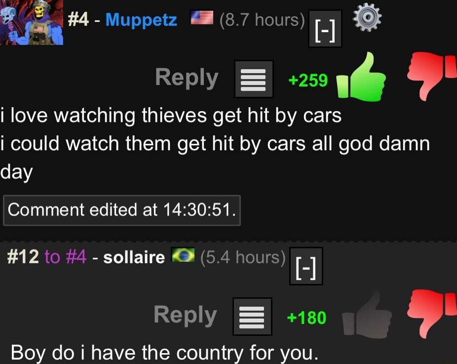 Reply 1 Y e i love watching thieves get hit by cars i could watch them get hit by cars all god damn day Comment edited at 143051 12 10 4 sollaire 54 hours _ Reply 180 Boy do i have the country for you