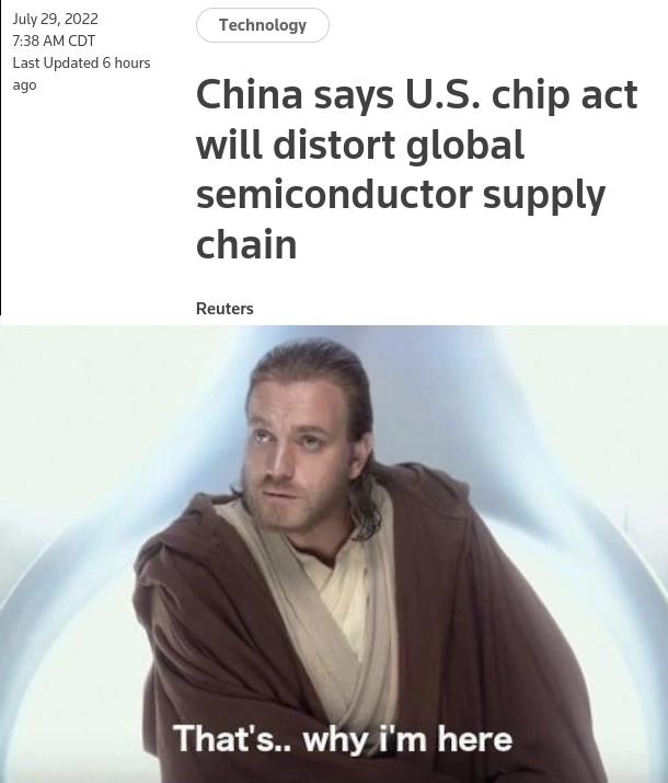 Technology China says US chip act will distort global semiconductor supply chain Reuters Thats why im here