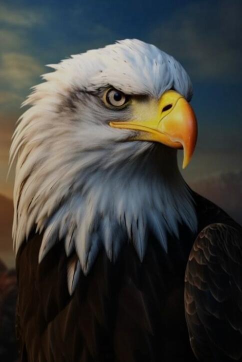 A majestic bald eagle with piercing eyes and a sharp beak, set against a dramatic sky.