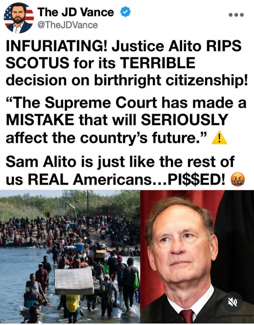 The JD Vance @TheJDVance INFURIATING! Justice Alito RIPS SCOTUS for its TERRIBLE decision on birthright citizenship! “The Supreme Court has made a MISTAKE that will SERIOUSLY affect the country’s future.” ⚠️ Sam Alito is just like the rest of us REAL Americans...PI$$ED! 🤬
