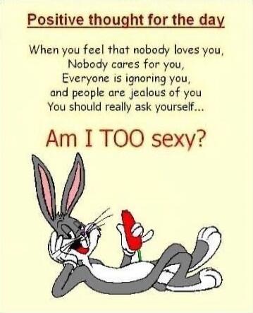 Positive thought for the day

When you feel that nobody loves you,
Nobody cares for you,
Everyone is ignoring you,
and people are jealous of you
You should really ask yourself...

Am I TOO sexy?
