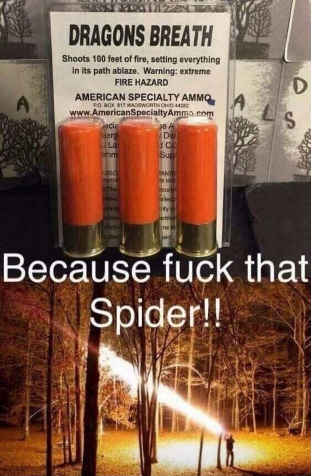 DRAGONS BREATH. Shoots 100 feet of fire, setting everything in its path ablaze. Warning: extreme FIRE HAZARD. AMERICAN SPECIALTY AMMO. P.O. BOX 817 WADSWORTH OHIO 44282. www.AmericanSpecialtyAmmo.com. Because fuck that Spider!!