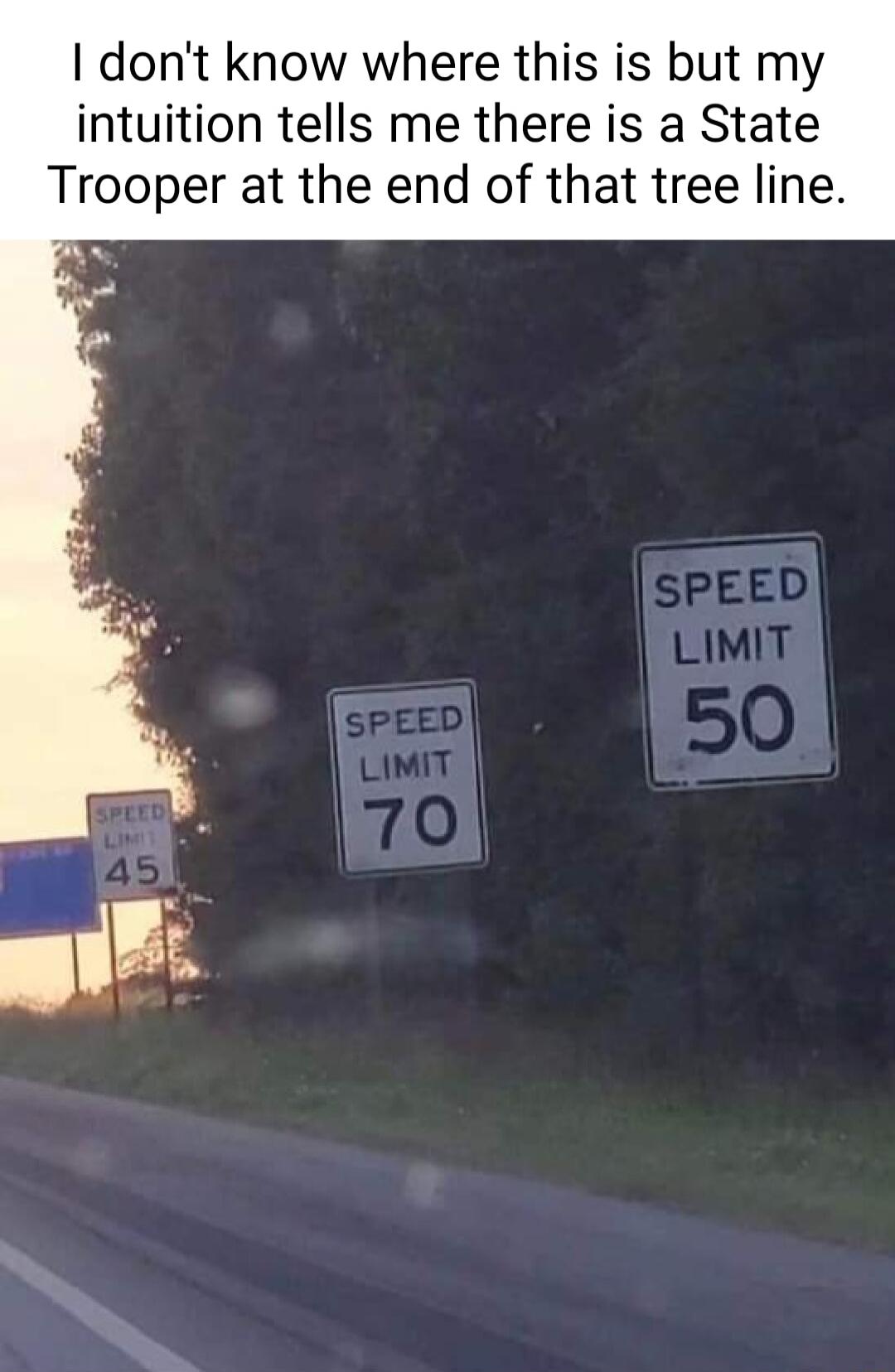 dont know where this is but my intuition tells me there is a State Trooper at the end of that tree line