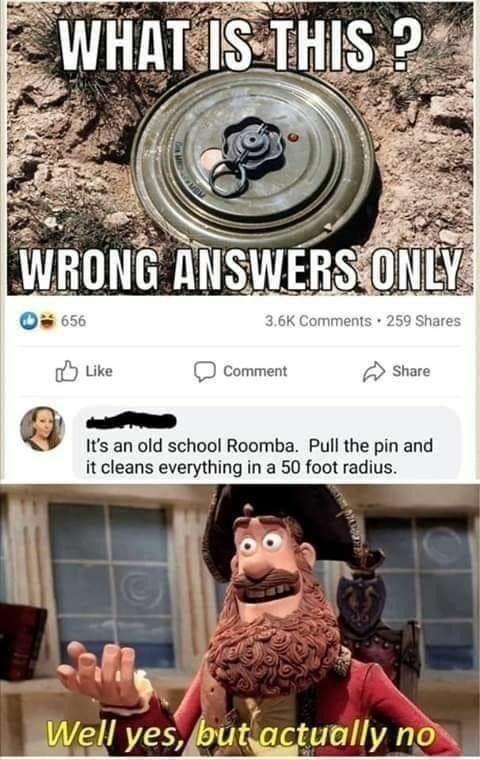 oY Like D comment cat Its an old school Roomba Pull the pin and it cleans everything in a 50 foot radius 5 4 Il yes fout fdtuoy no