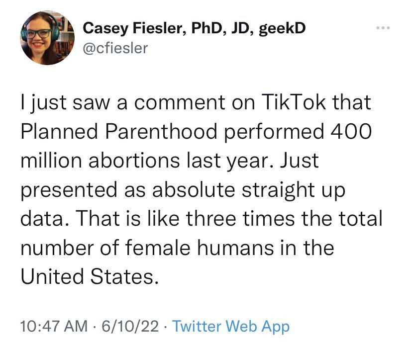 Casey Fiesler PhD JD geekD cfiesler just saw a comment on TikTok that Planned Parenthood performed 400 million abortions last year Just presented as absolute straight up data That is like three times the total number of female humans in the United States 1047 AM 61022 Twitter Web App