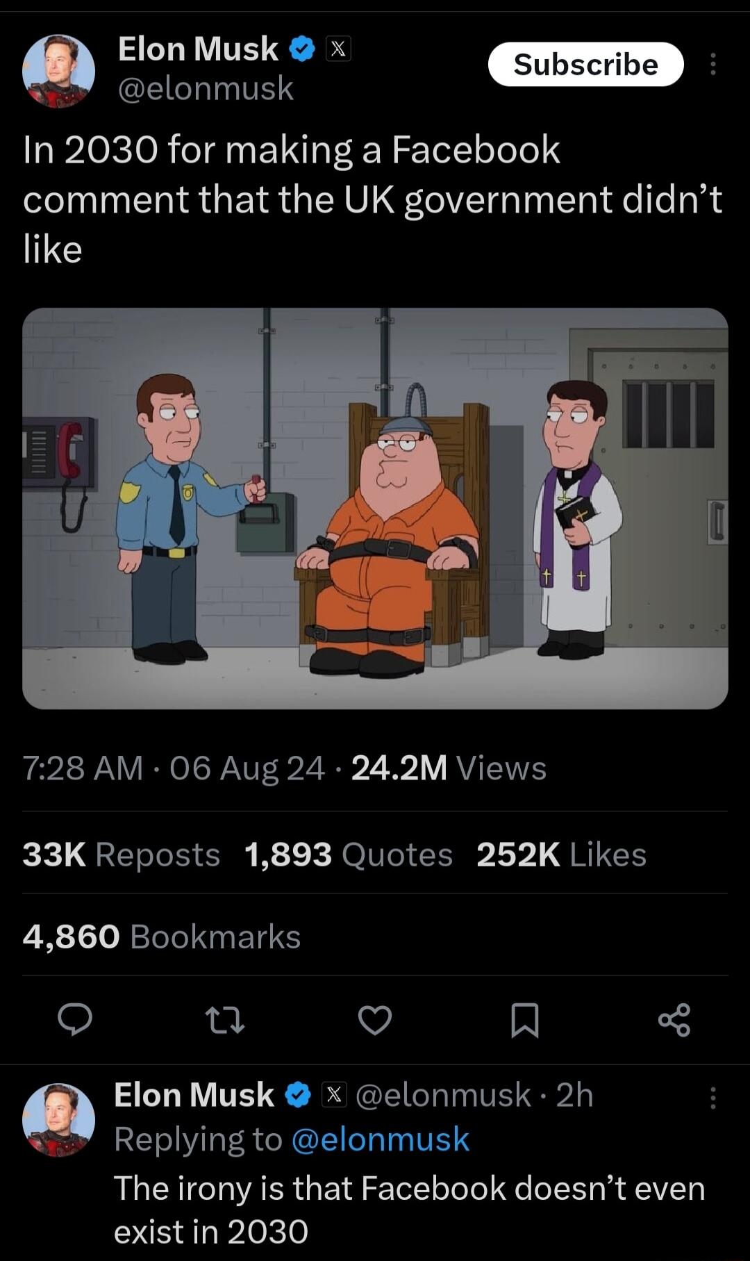 TV TE S 3 ELTTES In 2030 for making a Facebook comment that the UK government didnt like 728 AM 06 Aug 24 242M Views 33K Reposts 1893 Quotes 252K Likes 4860 Bookmarks o u Q R ZCHE TR S R GELL I TE EIIVI YL T T S The irony is that Facebook doesnt even existin 2030