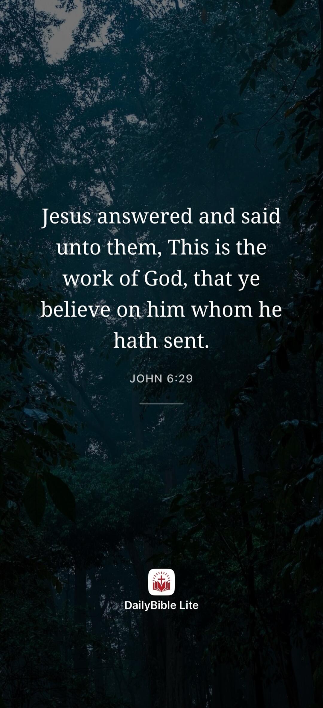 Jesus answered and said unto them, This is the work of God, that ye believe on him whom he hath sent. JOHN 6:29 DailyBible Lite
