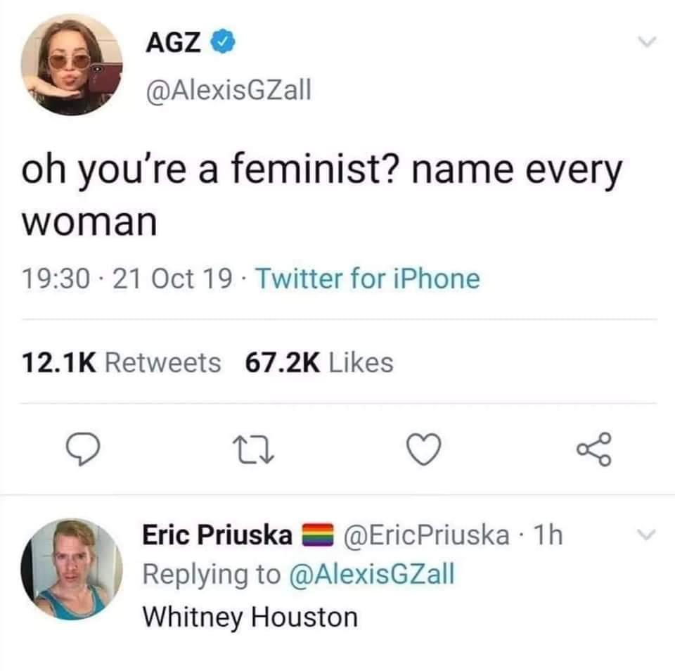 AGZ AlexisGZall oh youre a feminist name every woman 1930 21 Oct 19 Twitter for iPhone 121K Retweets 672K Likes 9 T v 5 _ Eric Priuska EricPriuska Th Replying to AlexisGZall Whitney Houston
