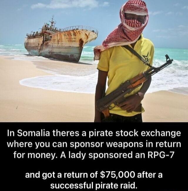 T ER G EIERE R E RS T g EN T where you can sponsor weapons in return for money A lady sponsored an RPG 7 and got a return of 75000 after a successful pirate raid