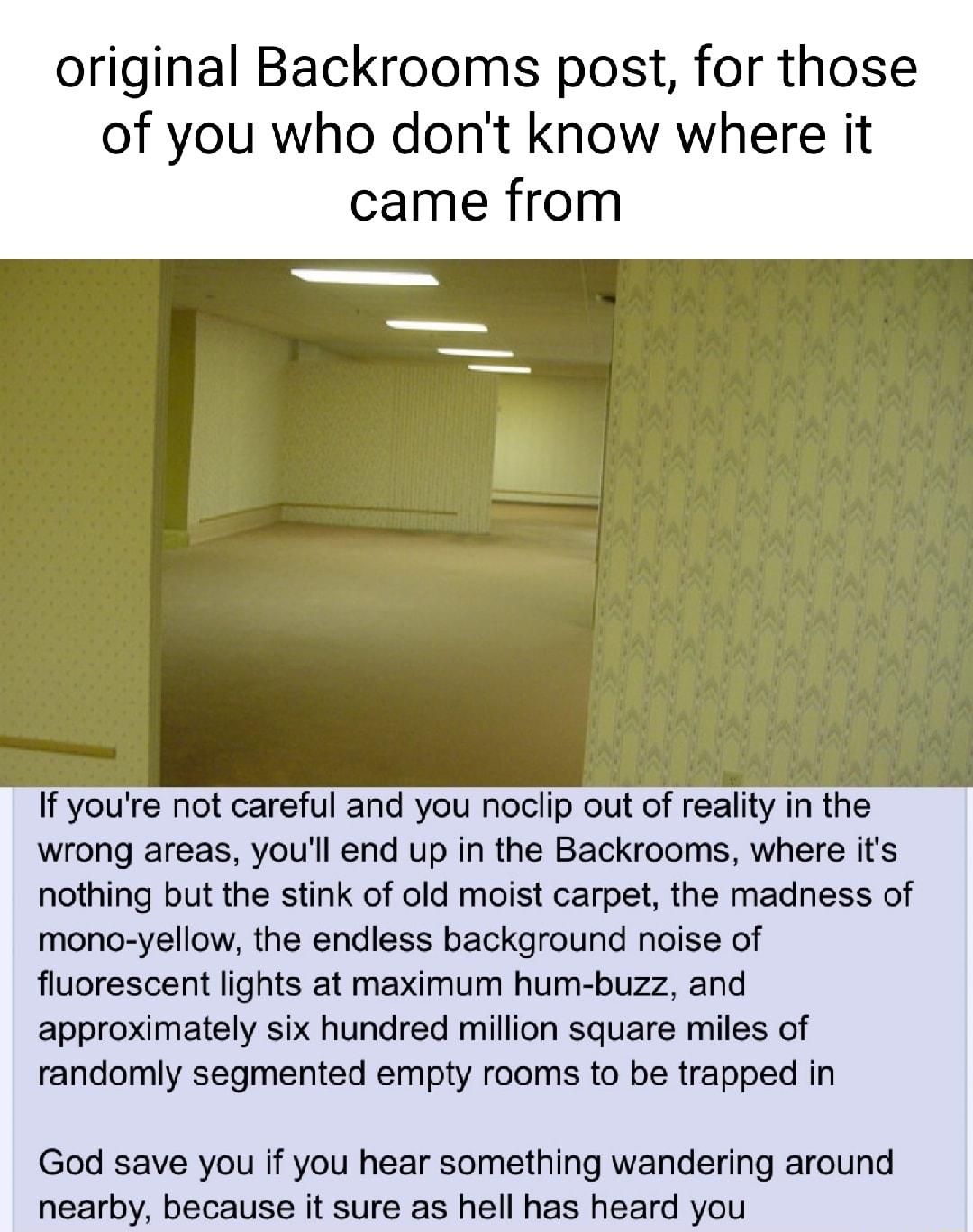 original Backrooms post for those of you who dont know where it If youre not careful and you noclip out of reality in the wrong areas youll end up in the Backrooms where its nothing but the stink of old moist carpet the madness of mono yellow the endless background noise of fluorescent lights at maximum hum buzz and approximately six hundred million square miles of randomly segmented empty rooms t