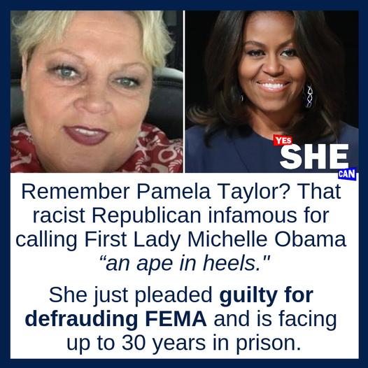 Remember Pamela Taylor That racist Republican infamous for calling First Lady Michelle Obama an ape in heels She just pleaded guilty for defrauding FEMA and is facing up to 30 years in prison