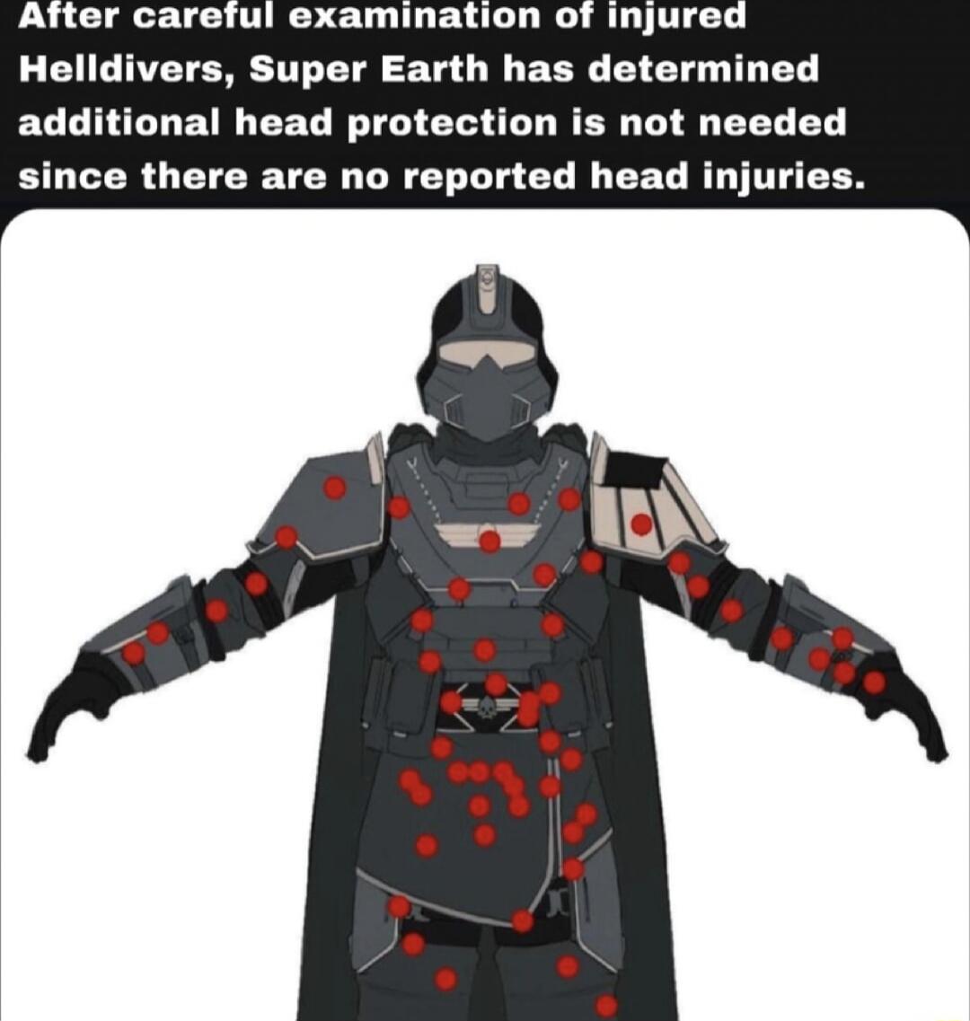 After careful examination of injured Helldivers Super Earth has determined additional head protection is not needed since there are no reported head injuries