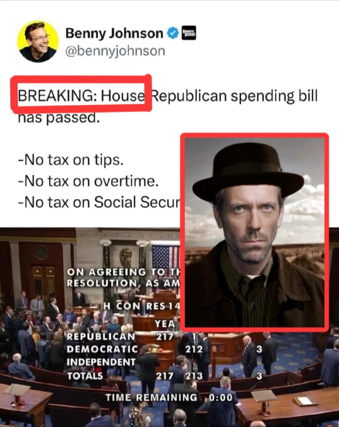 Benny Johnson 2 No tax on tips No tax on overtime No tax on Social Secu ON AGREEING TO Th RESOLUTION AS AM Ad YER A RepUsLI AN g DEMOCRATIC 212 3 INDEPENDENT 3 ToTALs Tl 217 253