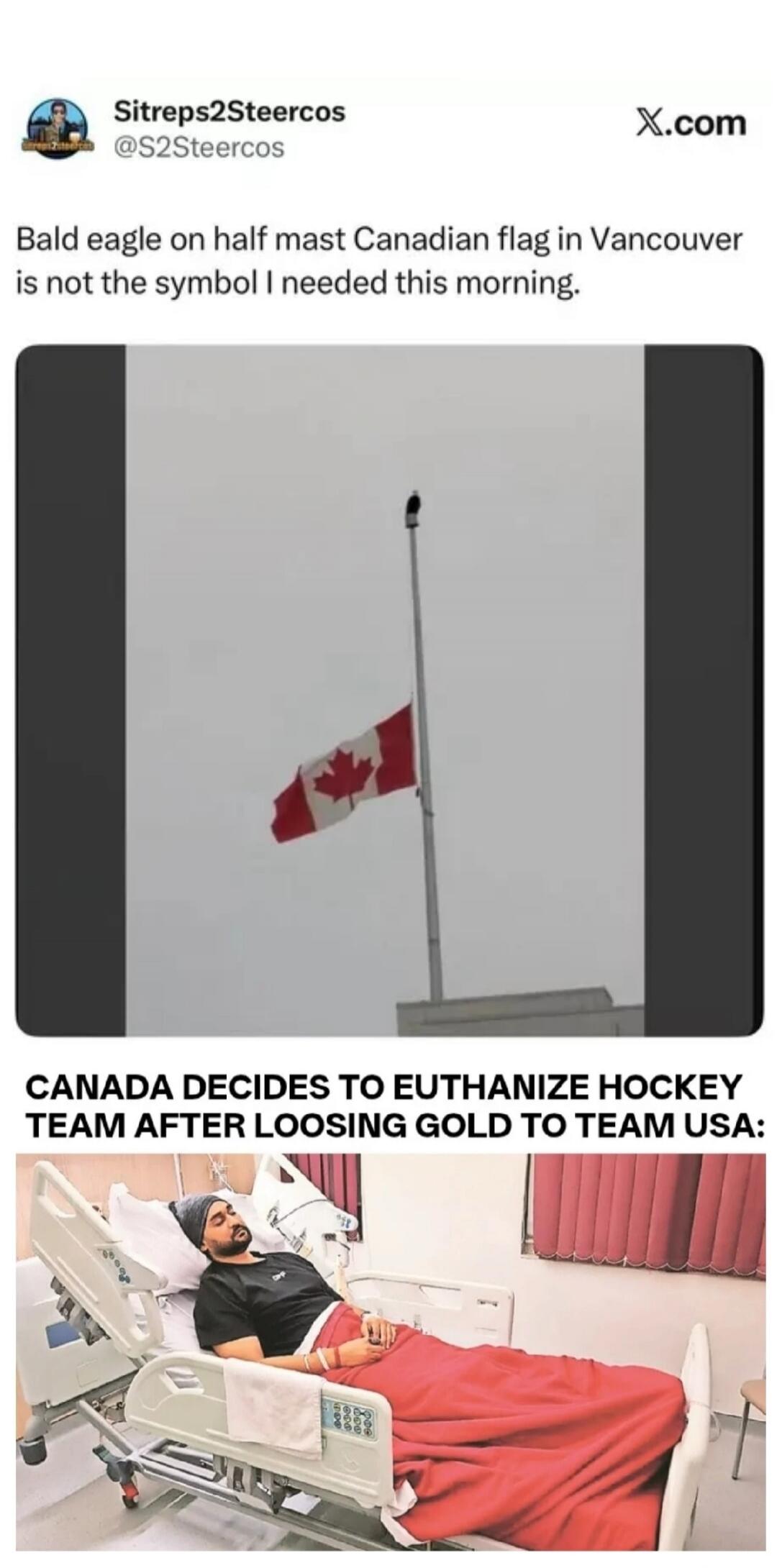 Bald eagle on half mast Canadian flag in Vancouver is not the symbol I needed this morning.
CANADA DECIDES TO EUTHANIZE HOCKEY TEAM AFTER LOSING GOLD TO TEAM USA: