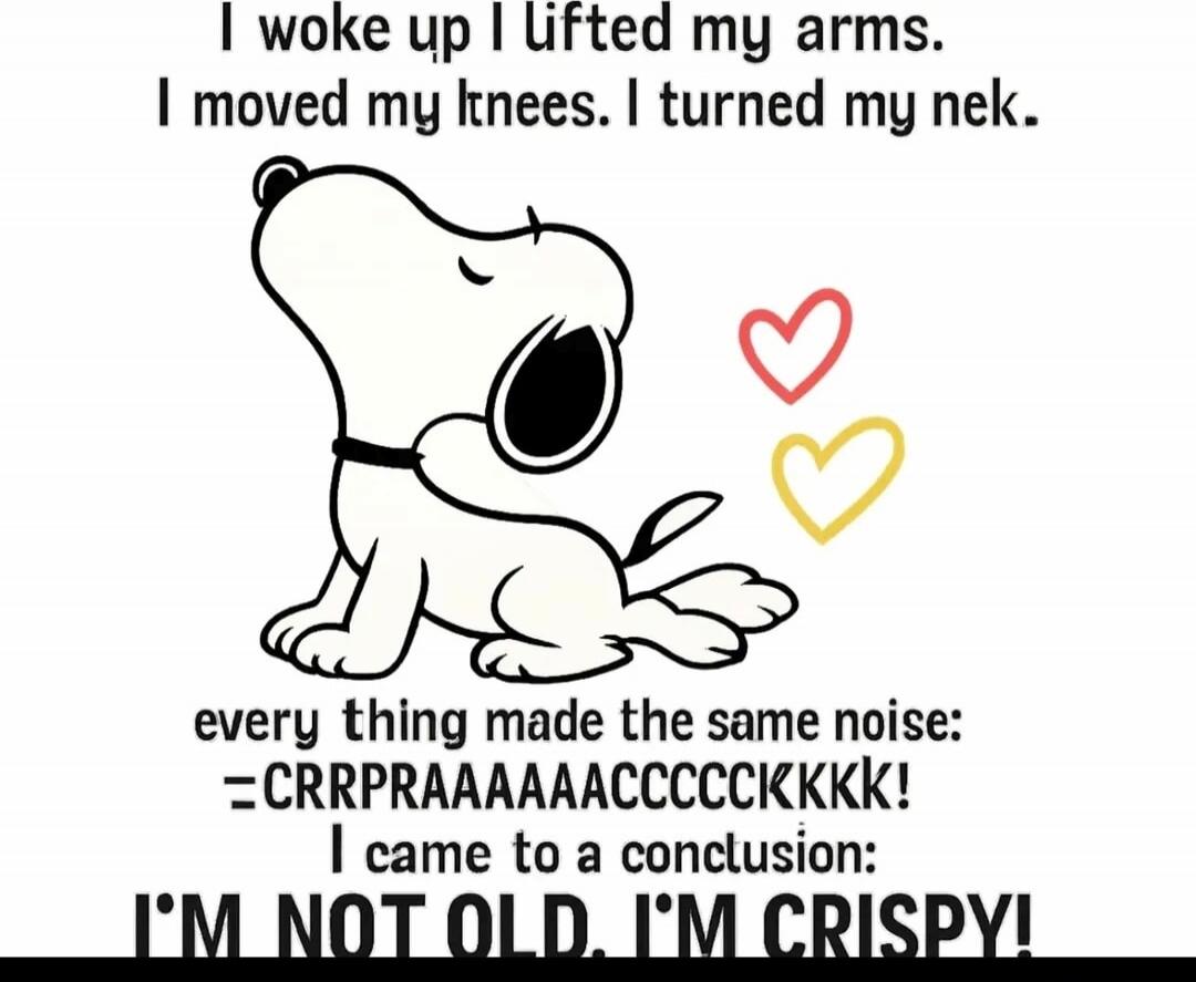 I woke up I lifted my arms. I moved my knees. I turned my neck. every thing made the same noise: CRRPRAAAAAACCCCKKKK! I came to a conclusion: I'M NOT OLD I'M CRISPY!