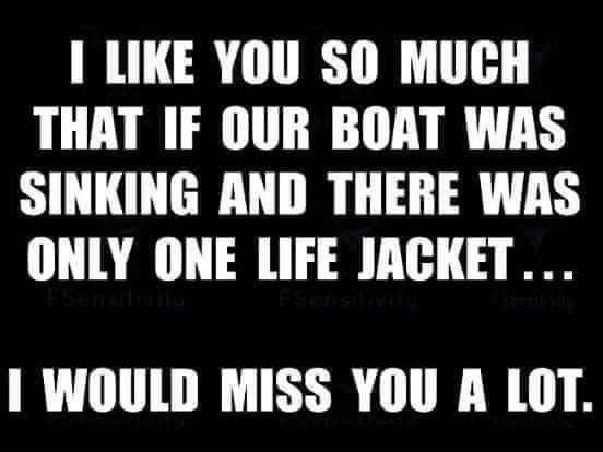 I LIKE YOU SO MUCH THAT IF OUR BOAT WAS SINKING AND THERE WAS ONLY ONE LIFE JACKET WOULD MISS YOU A LOT