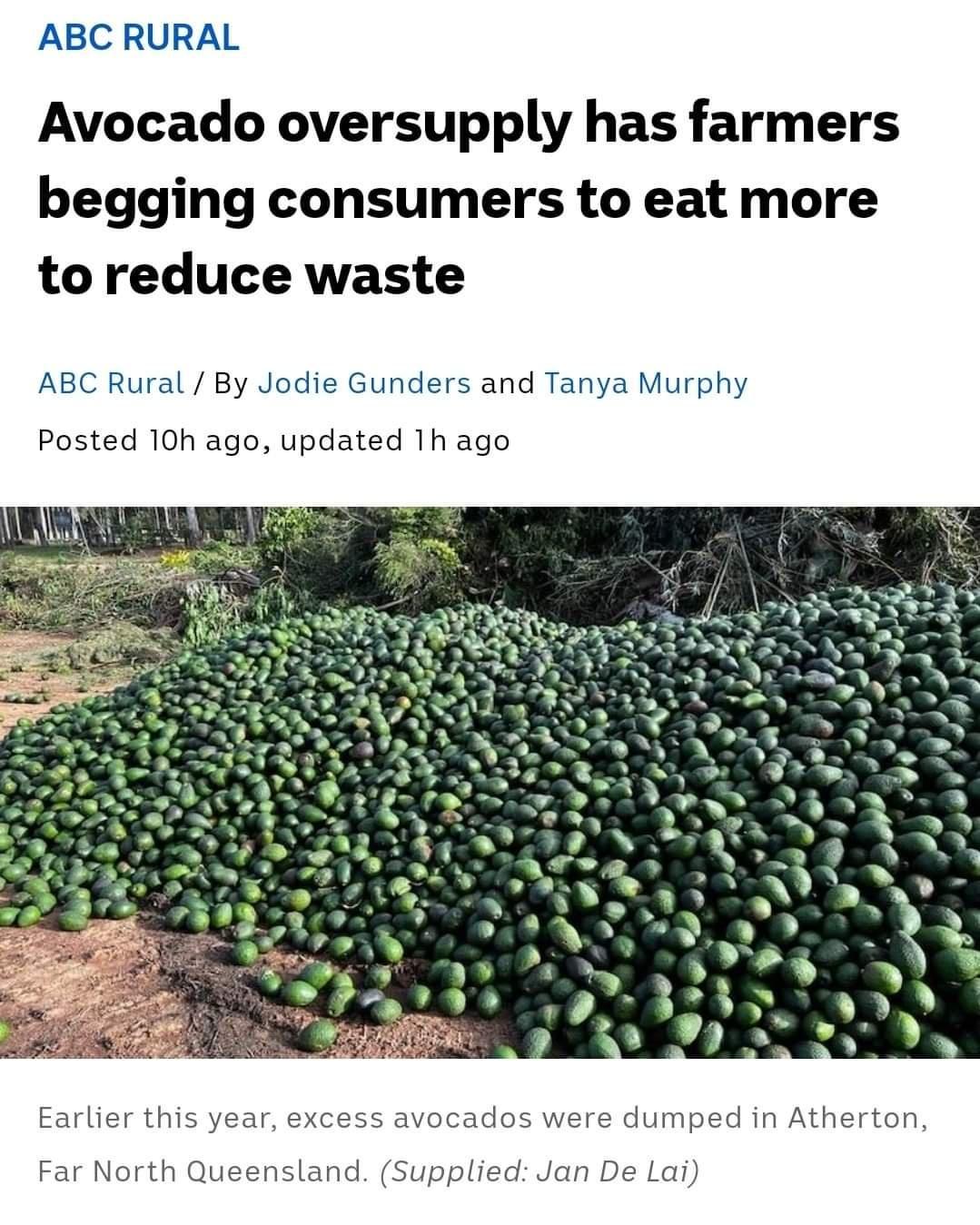 ABC RURAL Avocado oversupply has farmers begging consumers to eat more to reduce waste ABC Rural By Jodie Gunders and Tanya Murphy Posted 10h ago updated 1h ago Earlier this year excess avocac were dumped in Atherton Far North Queensland Supplied Jan De Lai