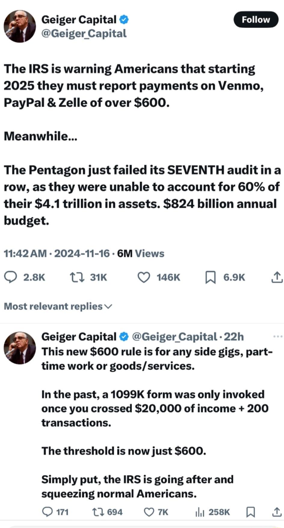 G Geiger Capital Fotiow Geiger Capital The IRS is warning Americans that starting 2025 they must report payments on Venmo PayPal Zelle of over 600 Meanwhile The Pentagon just failed its SEVENTH auditina row as they were unable to account for 60 of their 41 trillion in assets 824 billion annual budget 1142AM 2024 11 16 6M Views Q 28k 10 31K Q 148k A 69k X Most relevant repliesv Geiger Capital Geige