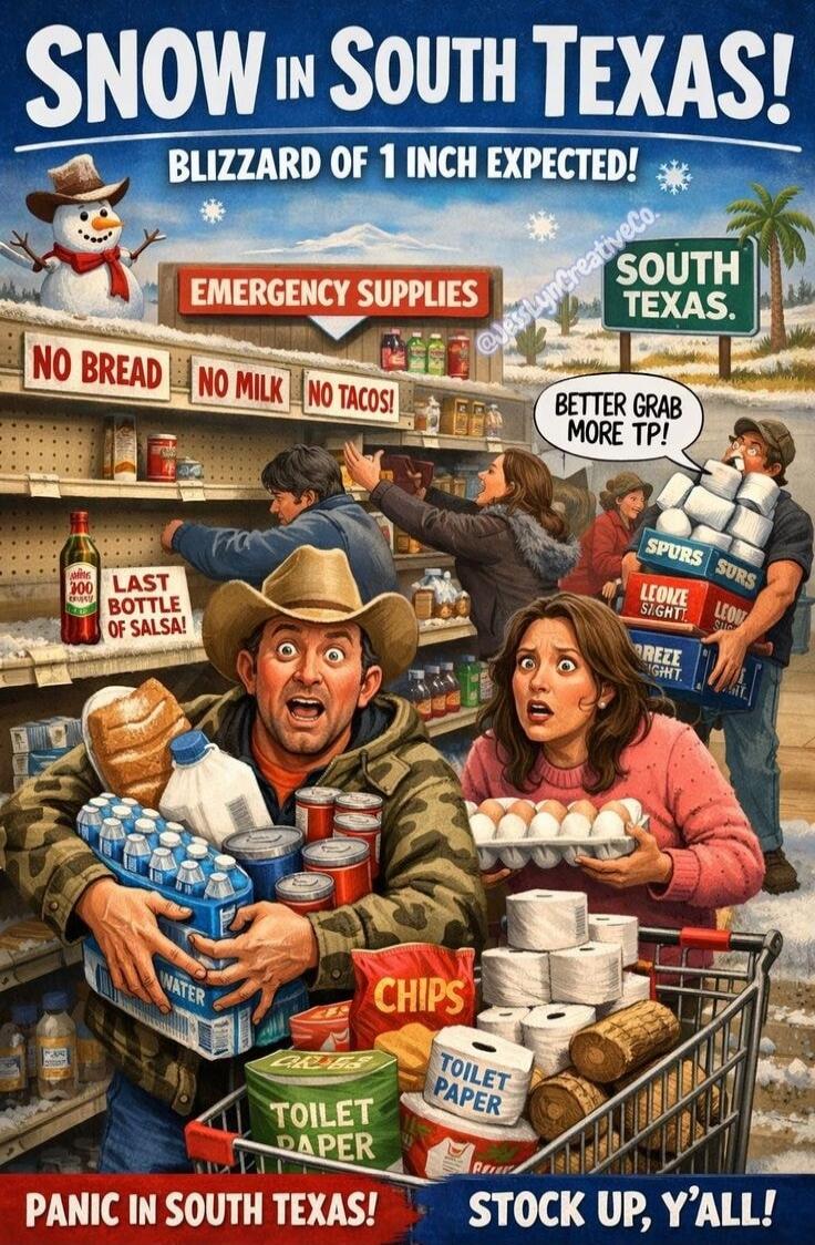 SNOW IN SOUTH TEXAS! BLIZZARD OF 1 INCH EXPECTED! EMERGENCY SUPPLIES NO BREAD NO MILK NO TACOS! LAST BOTTLE OF SALT WATER CHIPS TOILET PAPER