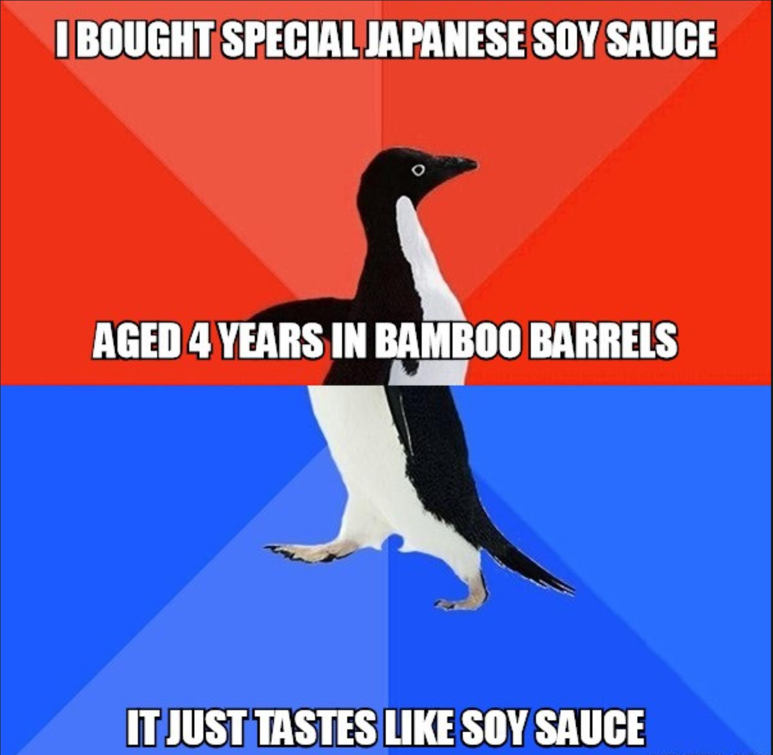 1 BOUGHT SPECIAL JAPANESE SOY SAUCE AGED 4 YEARS IN BAMBOO BARRELS ITJUST TASTES LIKE SOY SAUCE