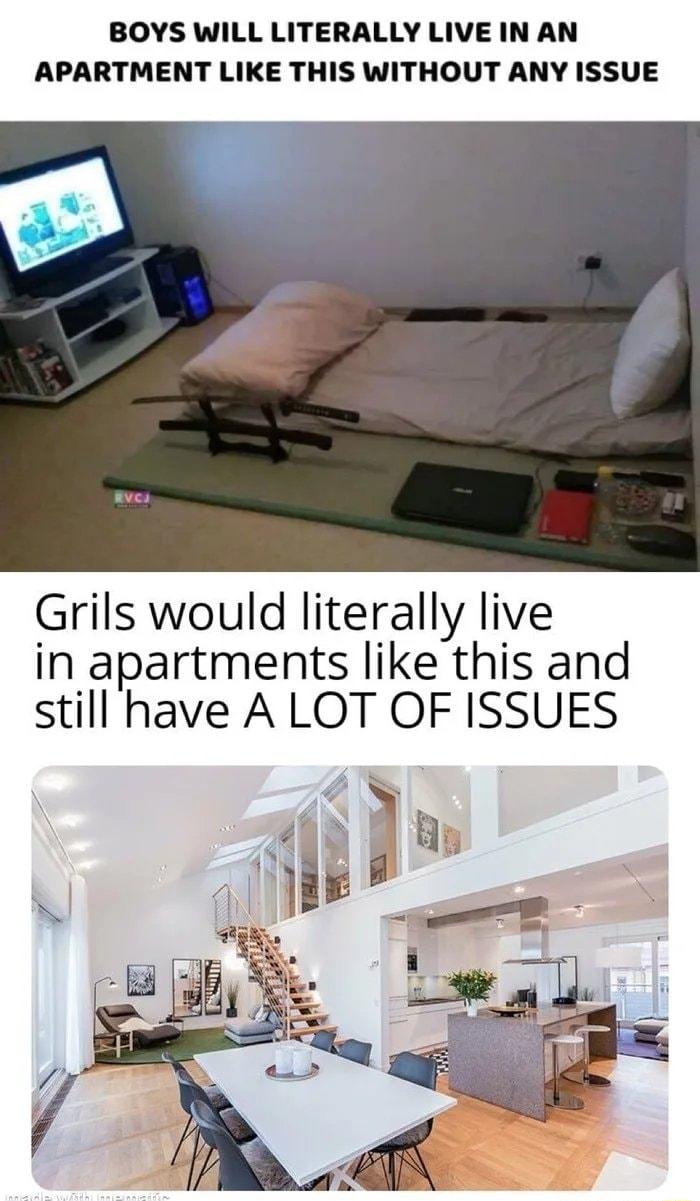 BOYS WILL LITERALLY LIVE IN AN APARTMENT LIKE THIS WITHOUT ANY ISSUE Grils would literally live in apartments like this and still have A LOT OF ISSUES