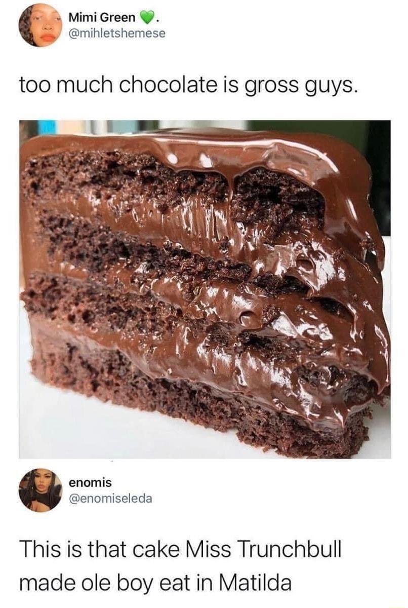 MimiGreen mihletshemese too much chocolate is gross guys enomiseleda This is that cake Miss Trunchbull made ole boy eat in Matilda