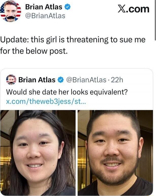 Update: this girl is threatening to sue me for the below post.
Would she date her looks equivalent?