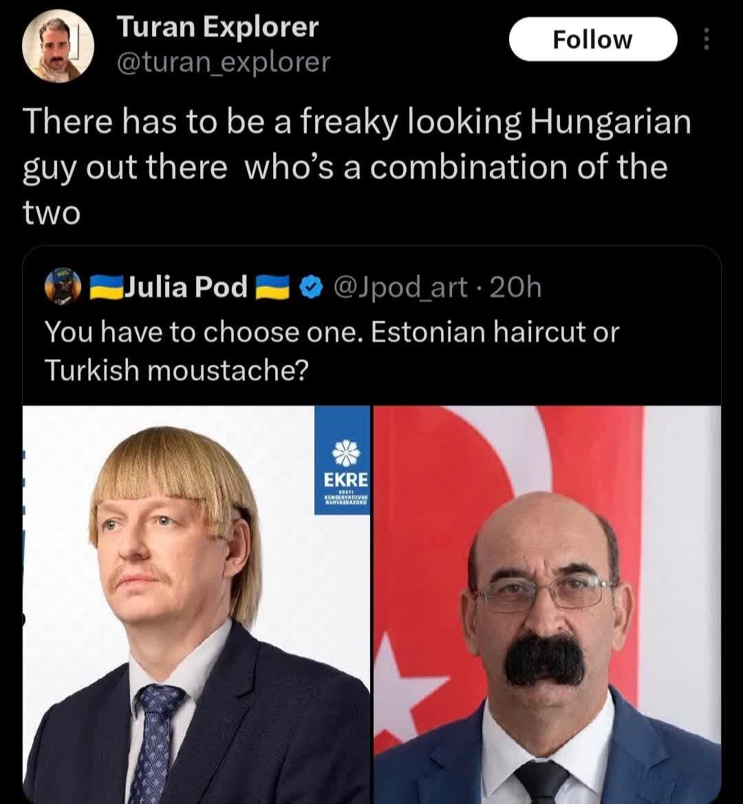 Turan Explorer @turan_explorer Follow There has to be a freaky looking Hungarian guy out there who's a combination of the two Julia Pod @Jpod_art 20h You have to choose one. Estonian haircut or Turkish moustache? EKRE EESTI KONSERVATIIVNE RAHVAERAKOND