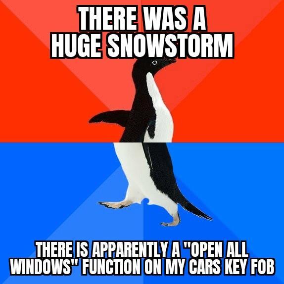 THEREWAS A HUGESNOWSTORM THEREISAPPARENTLYAOPEN ALL WINDOWSFUNCTIONON MY CARS KEYFOB
