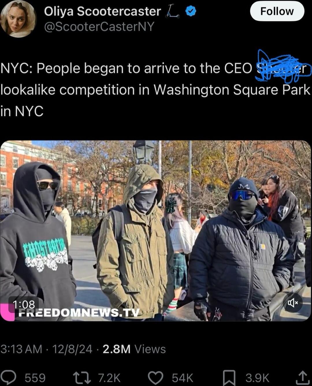 Oliya Scootercaster ScooterCasterNY NYC People began to arrive to the CEO Shiter lookalike competition in Washington Square Park inNYC 313AM 12824 28M Views O 559 tA72k Q 54K 39k 2