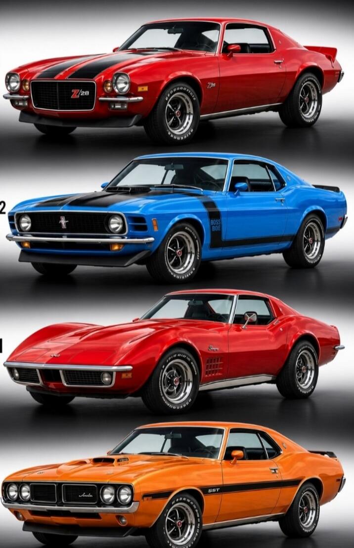 Four classic American muscle cars are displayed. From top to bottom: a red Chevrolet Camaro Z/28, a blue Ford Mustang Boss 302, a red Chevrolet Corvette Stingray, and an orange AMC Javelin SST. Visible text includes Z/28, BOSS 302, Stingray, Javelin, SST.